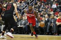 Nov 18, 2018; Washington, DC, USA; Washington Wizards guard John Wall (2) dribbles the ball around Portland Trail Blazers center Jusuf Nurkic (27) during the second quarter at Capital One Arena. Mandatory Credit: Amber Searls-USA TODAY Sports