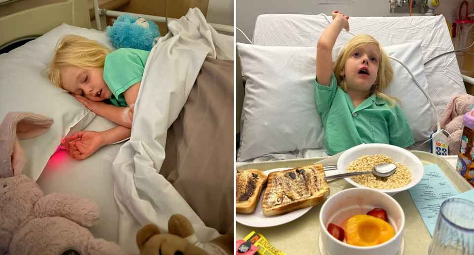 Gracie in a hospital bed asleep (left) and eating breakfast in the hospital bed (right).