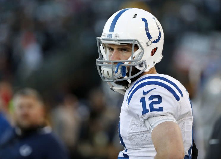 Andrew Luck hasn't resumed throwing after shoulder surgery. (AP)