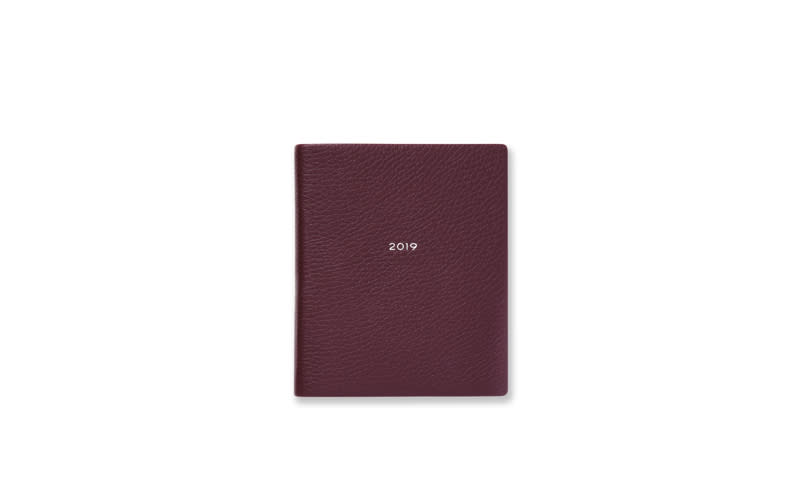 <p><em><a rel="nofollow noopener" href="https://www.smythson.com/oxblood-2019-fashion-diary-week-to-view-1022431.html?___SID=U" target="_blank" data-ylk="slk:Smythson of Bond Steet, £140;elm:context_link;itc:0;sec:content-canvas" class="link ">Smythson of Bond Steet, £140</a></em> </p>