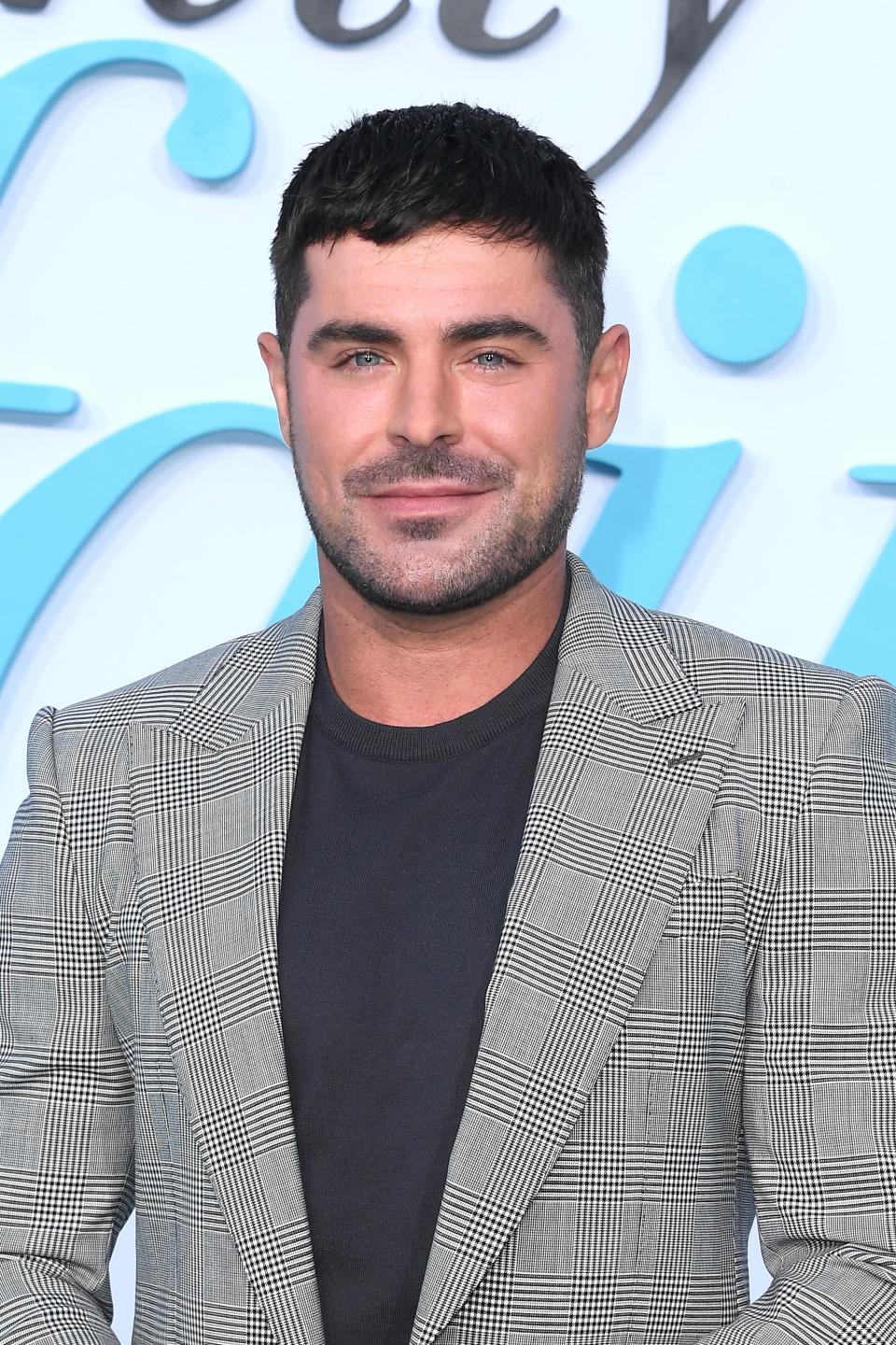 Zac Efron at an event wearing a stylish plaid suit with a black shirt