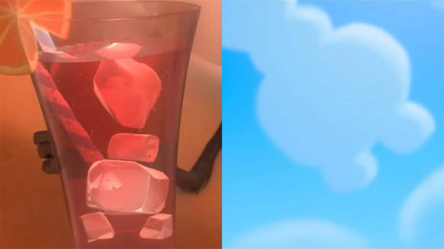 During ‘In The Summer’ keep an eye out for outlines of Olaf in the ice of his drink and in the clouds.