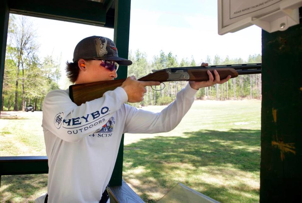 Jackson Switzer, 17, practices shooting clays at Rocky Creek Sporting Clays in Richburg, S.C.