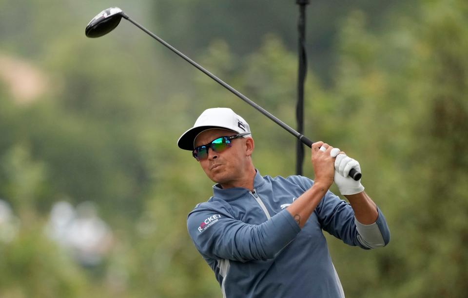 Rickie Fowler tees off on the 12th hole during the first round of the U.S. Open at Los Angeles Country Club.