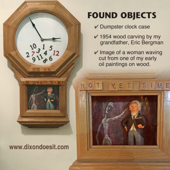 "Not Yet Time" by J. Dixon Bergman wonders what a preacher like the artist's late grandfather in the Swedish Salvation Army, lower right in the clock case, would say to the ghostly image.