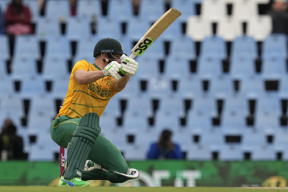 South Africa's batsman David Miller watches his shot during the first T20 cricket match between South Africa and West Indies, at Centurion Park, in Pretoria, South Africa, Saturday, March 25, 2023. (AP Photo/Themba Hadebe)