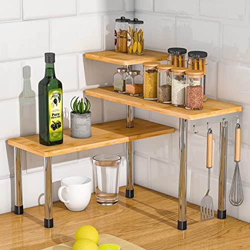 ZHWS Kitchen Countertop Organizer Corner Shelf - 3 Tier Bathroom Storage Display Counter Shelves Bamboo Spice Rack Desk Bookshelf with Hooks