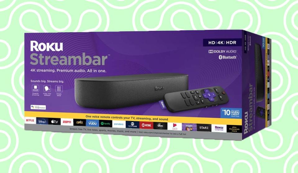 The Roku Streambar before it emerges from its box.