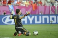 Spanish goalkeeper Iker Casillas reacts during the Euro 2012 championships football match Spain vs Italy on June 10, 2012 at the Gdansk Arena. AFP PHOTO / PIERRE-PHILIPPE MARCOUPIERRE-PHILIPPE MARCOU/AFP/GettyImages