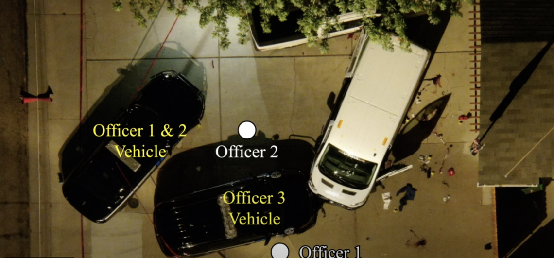 The officers’ locations during the shooting. The officers — David Skube and R. Denny — were “justified in their actions” after they shot a total of 10 bullets at Smith, the Boise Police Department said. 