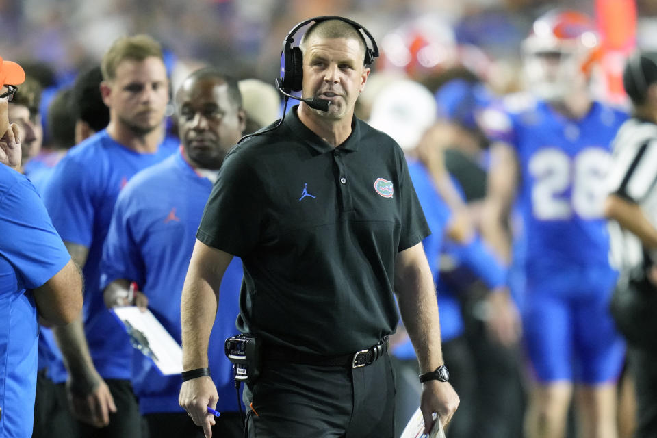 Florida head coach Billy Napier paces the sideline during the first half of an NCAA college football game against Tennessee, Saturday, Sept. 16, 2023, in Gainesville, Fla. (AP Photo/John Raoux)