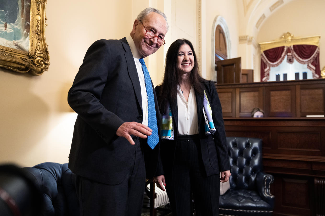 UNITED STATES - JUNE 20: Senate Majority Leader Charles Schumer, D-N.Y., meets with Dr. Adriana Kugler, nominee to serve as a member on the Board of Governors of the Federal Reserve System, in the U.S. Capitol on June 20, 2023. (Tom Williams/CQ-Roll Call, Inc via Getty Images)