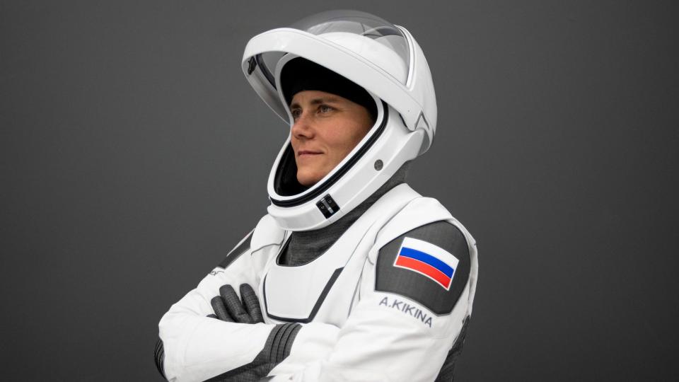 SpaceX Crew-5 Mission Specialist Anna Kikina from Roscosmos poses for a portrait in her Crew Dragon flight suit at SpaceX headquarters in Hawthorne, California.