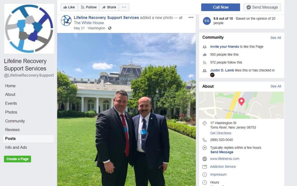 Screengrab of Lifeline Recovery Support Services Facebook page showing John Brogan, left, and Ocean County Prosecutor Joseph Coronato posing on the White House lawn on May 21, 2018.