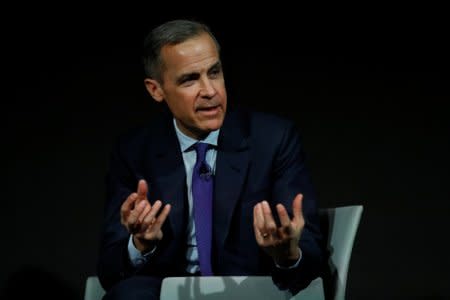 The Governor of the Bank of England, Mark Carney, speaks to the Scottish Economics Forum, via a live feed, in central London, Britain March 2, 2018. REUTERS/Peter Nicholls