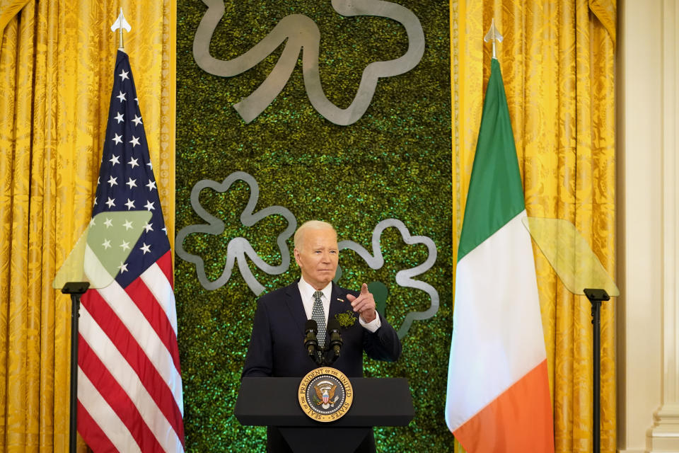 President Joe Biden delivers remarks during a St. Patrick's Day brunch with Catholic leaders in the East Room of the White House, Sunday, March 17, 2024. (AP Photo/Stephanie Scarbrough)