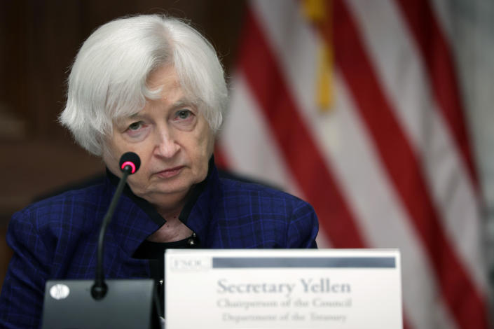 Bitcoin WASHINGTON, DC – APRIL 21: United States Secretary Janet Yellen listens during an open session of a meeting of the Financial Stability Oversight Council at the Treasury Department on April 21, 2023 in Washington, DC.  The FSOC on Friday proposed new guidance to revise how non-bank financial institutions are designated.  (Photo by Alex Wong/Getty Images)