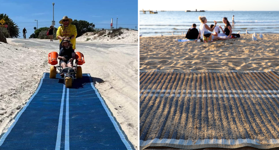 Left, beach access is made available to a male wheelchair user. Right, two women and children have a picnic on the beach near beach matting. 