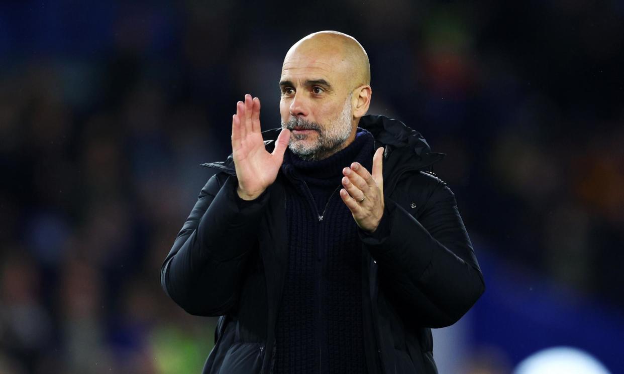 <span>Pep Guardiola applauds the fans after an imperious display from Manchester City at Brighton.</span><span>Photograph: Clive Rose/Getty Images</span>