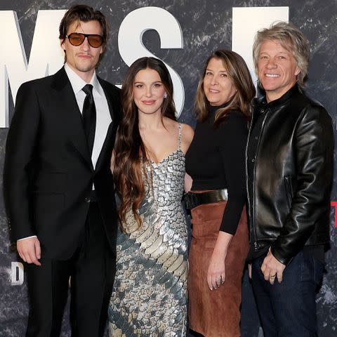 <p>Dia Dipasupil/Getty</p> ake Bongiovi, Millie Bobby Brown, Dorothea Bongiovi and Jon Bon Jovi in New York City in March 2024