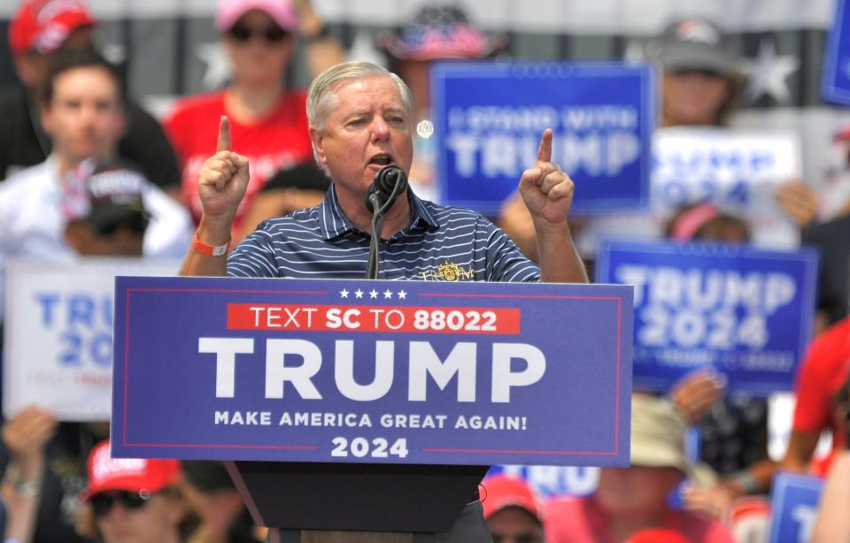 U.S. Sen. Lindsey Graham is shown on Saturday, July 1, 2023, in advance of Former President Donald Trump's speech in Pickens, SC.