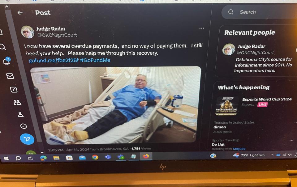John Doyle's GoFundMe page, on X (formerly Twitter), as seen on a laptop computer. He had to ask for help after a wreck, injuries and hospital bills in April caused him to lose work. The bills stacked up and he was almost evicted from his apartment.