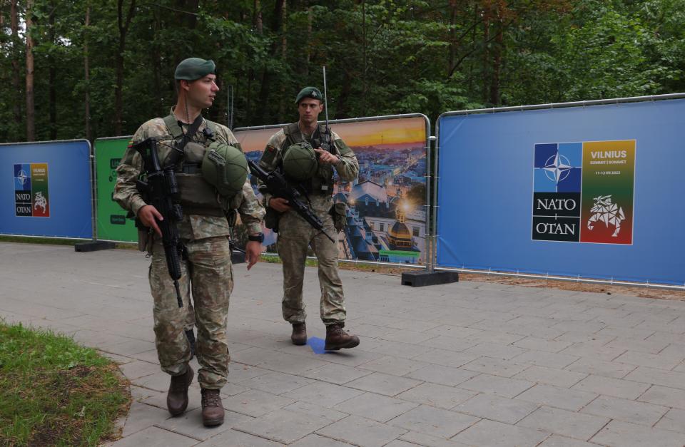 VILNIUS, LITHUANIA - JULY 10: Soldiers patrol just outside the NATO summit venue on July 10, 2023 in Vilnius, Lithuania. Vilnius is scheduled to host the July 11-12 2023 NATO Summit.