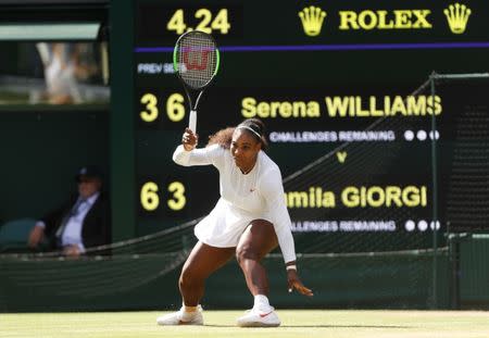 Tennis - Wimbledon - All England Lawn Tennis and Croquet Club, London, Britain - July 10, 2018 Serena Williams of the U.S. in action during her quarter final match against Italy's Camila Giorgi. REUTERS/Peter Nicholls