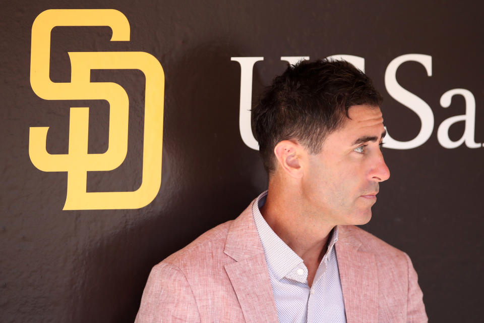 A.J. Preller, the Padres president of baseball operations and GM, pulled off a mammoth trade for Juan Soto at the MLB trade deadline. (Photo by Rob Leiter/MLB Photos via Getty Images)