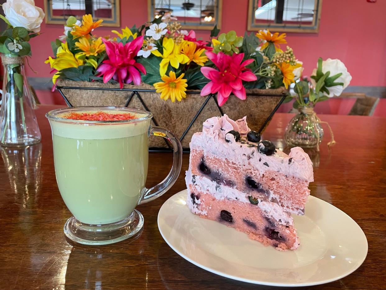 Gluten free blueberry lavender cake and strawberry rose matcha latte at Brooklyn Organic Kitchen in Mahopac. Both rank up there as "best things" Food Writer Jeanne Muchnick ate this week. Photographed May 2024