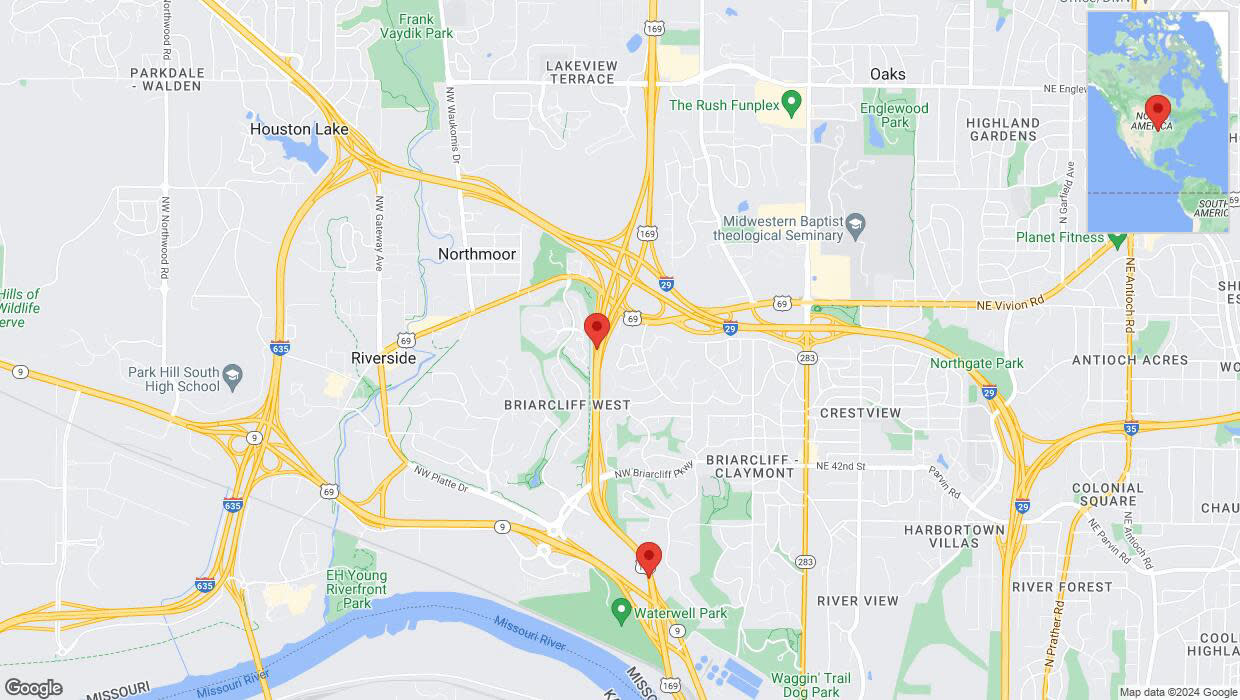 A detailed map that shows the affected road due to 'Heavy rain prompts traffic warning on southbound US-169 in Kansas City' on May 6th at 11:45 p.m.