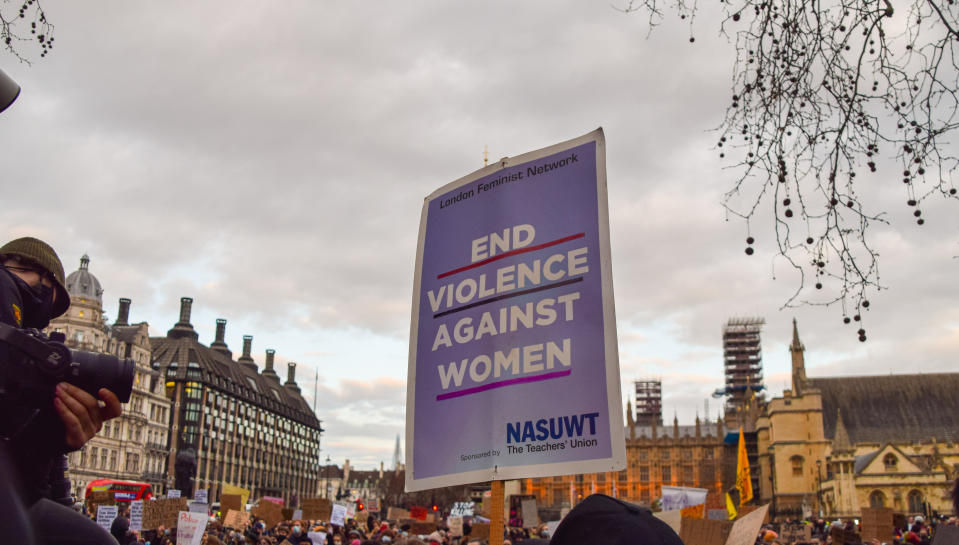  A protester holds a placard that says End Violence Against Women during the demonstration.
Crowds of people gathered in London to protest against the heavy-handed response by the police at the Sarah Everard vigil, as well as the government's new Police, Crime, Sentencing and Courts Bill, which would give the police new powers to deal with protests. (Photo by Vuk Valcic / SOPA Images/Sipa USA) 