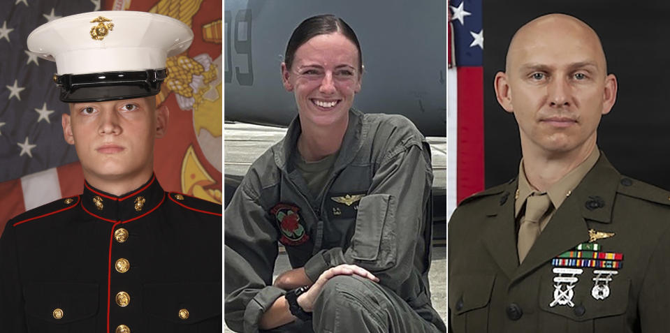 CORRECTS NAME TO LeBeau, NOT Beau - This combination of photos provided by U.S. Marines Corps., shows Marine V-22B Osprey pilot Capt. Eleanor V. LeBeau, center, Cpl. Spencer R. Collart, left, and Maj. Tobin J. Lewis, right. The U.S. Marine Corps has released the names of the three Marines killed in a fiery tiltrotor aircraft crash on a north Australian island this week and said one off their colleagues remained in hospital in a critical condition.(U.S. Marines Corps via AP)