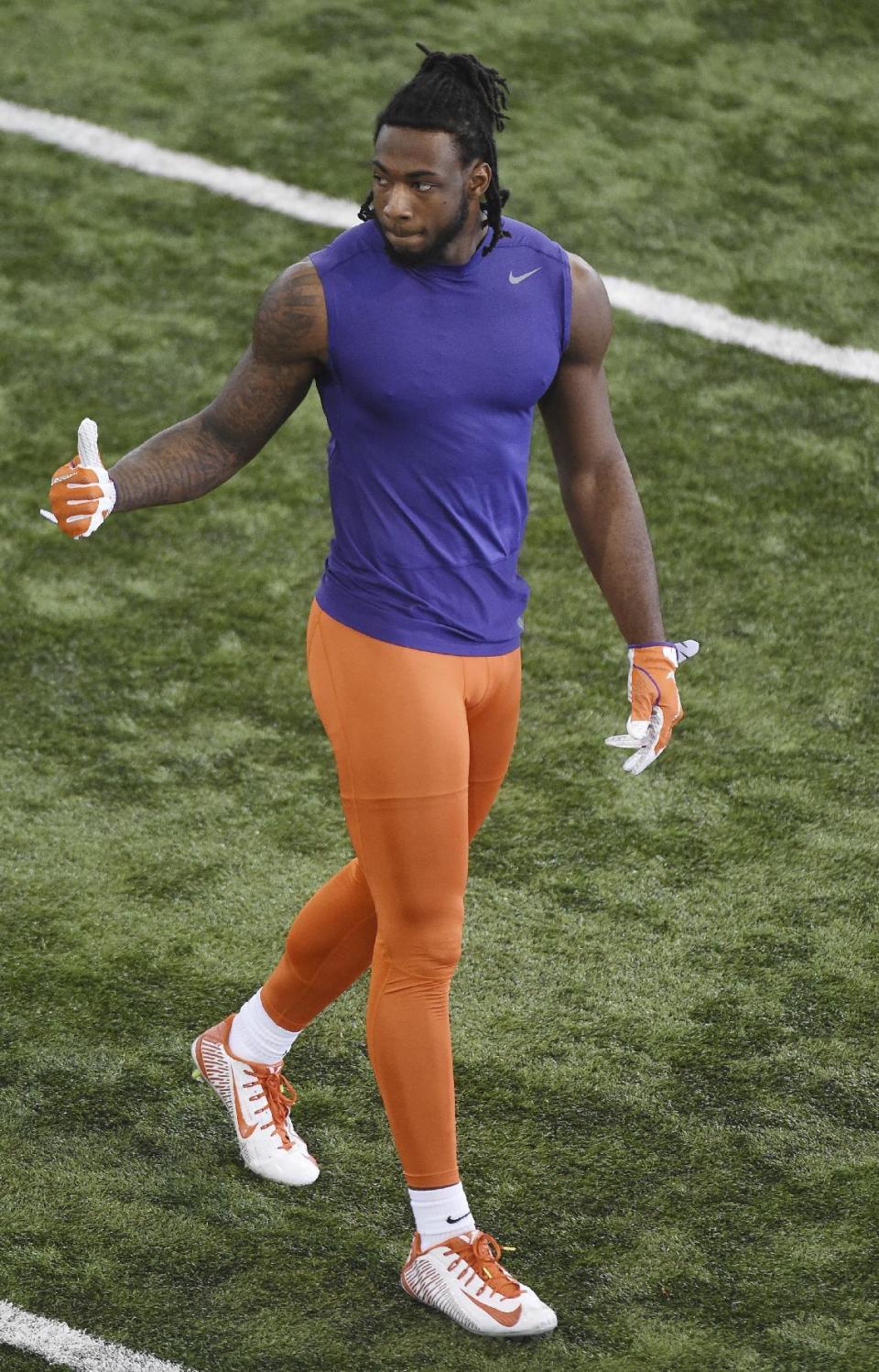 Mike Williams gestures after running a drill during football pro day at Clemson University, Thursday, March 16, 2017, in Clemson, S.C. (AP Photo/Rainier Ehrhardt)