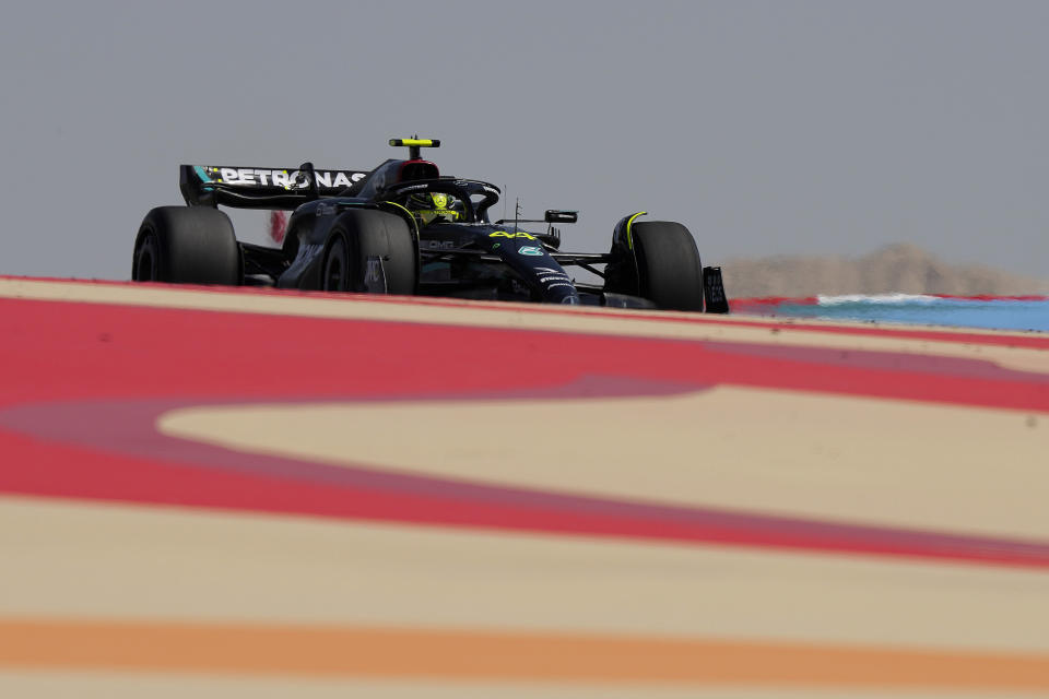 Mercedes driver Lewis Hamilton of Britain steers his car during a Formula One pre season test at the Bahrain International Circuit in Sakhir, Bahrain, Friday, Feb. 24, 2023.(AP Photo/Frank Augstein)