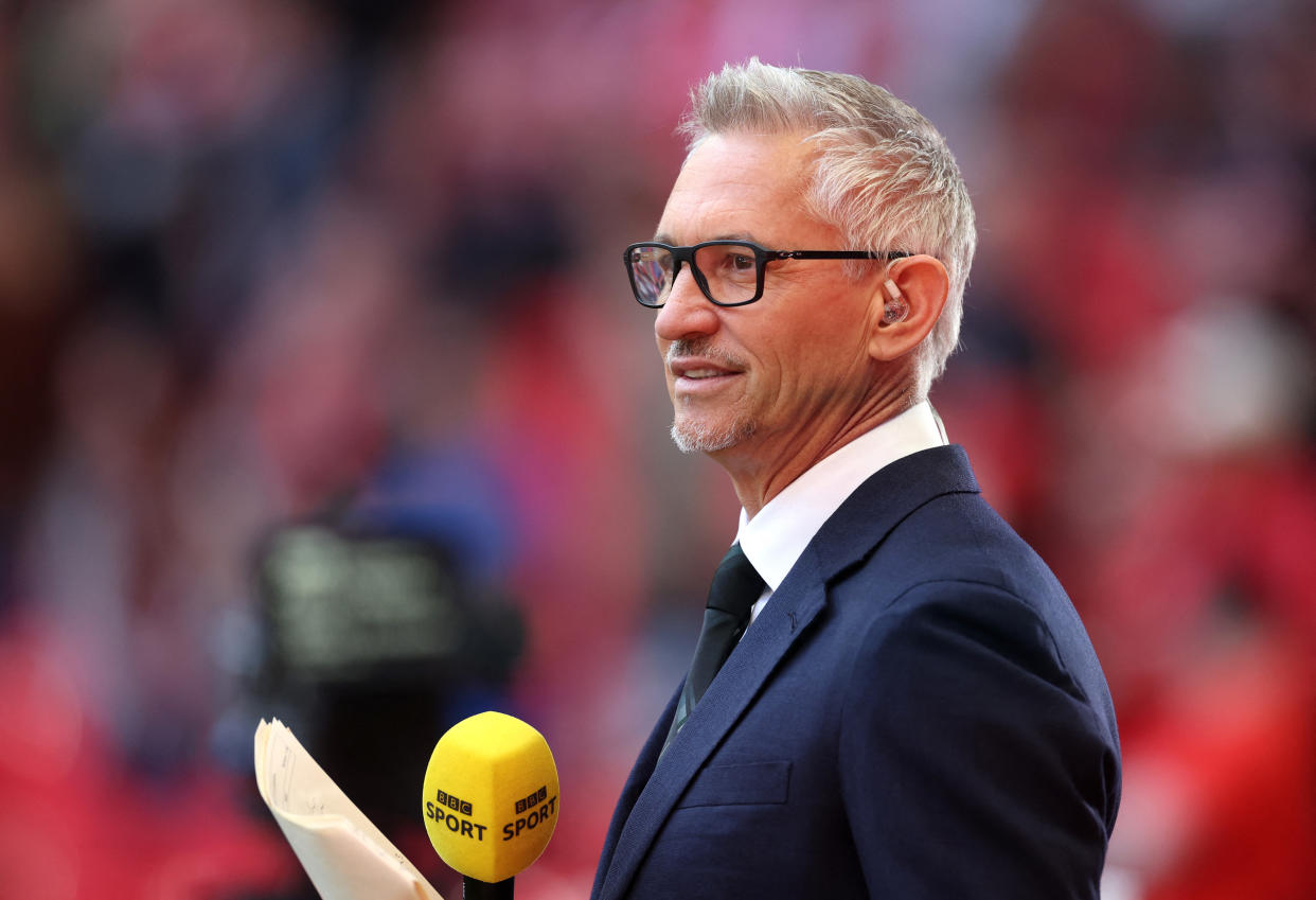 Soccer Football - FA Cup Semi Final - Manchester City v Liverpool - Wembley Stadium, London, Britain - April 16, 2022 TV pundit and former player Gary Lineker is seen inside the stadium before the match Action Images via Reuters/Carl Recine