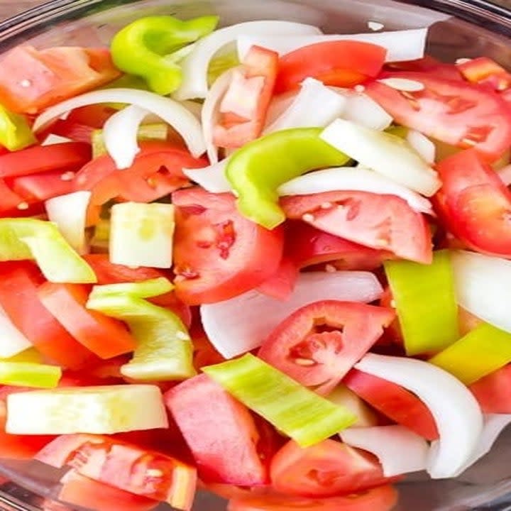 Tomatoes, pepper, and onion for gazpacho.