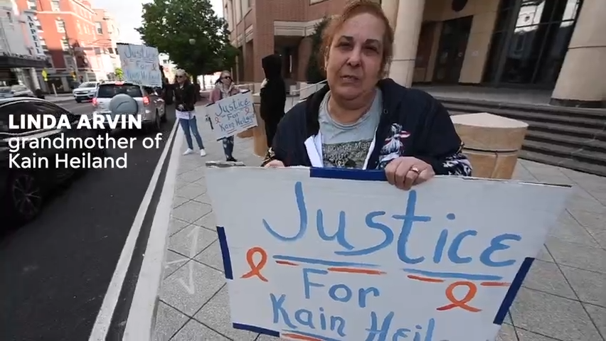 Linda Arvin, grandmother of Kain Heiland, holds protest in front of the York County Judicial Center seeking justice for grandson who was fatally shot by another boy.