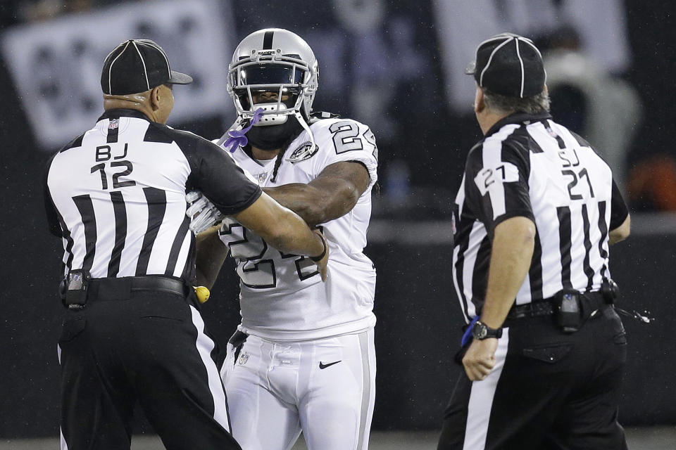 Raiders RB Marshawn Lynch made contact with an official last Thursday, earning him a one-game suspension from the NFL. (AP)