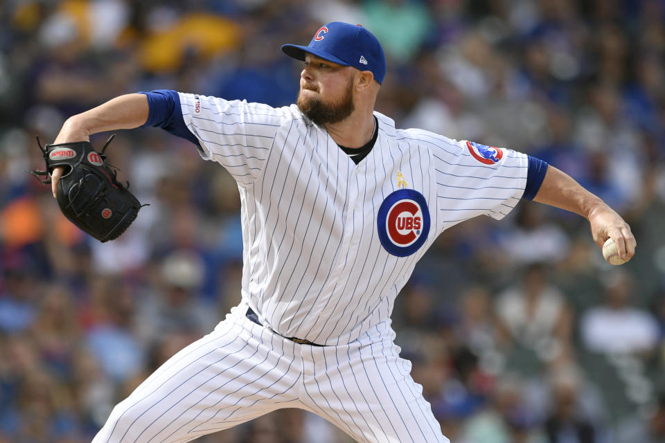 Chicago Cubs starter Jon Lester delivers a pitch during the first inning of a baseball game against the Pittsburgh Pirates, Friday, Sept. 13, 2019, in Chicago. (AP Photo/Paul Beaty)