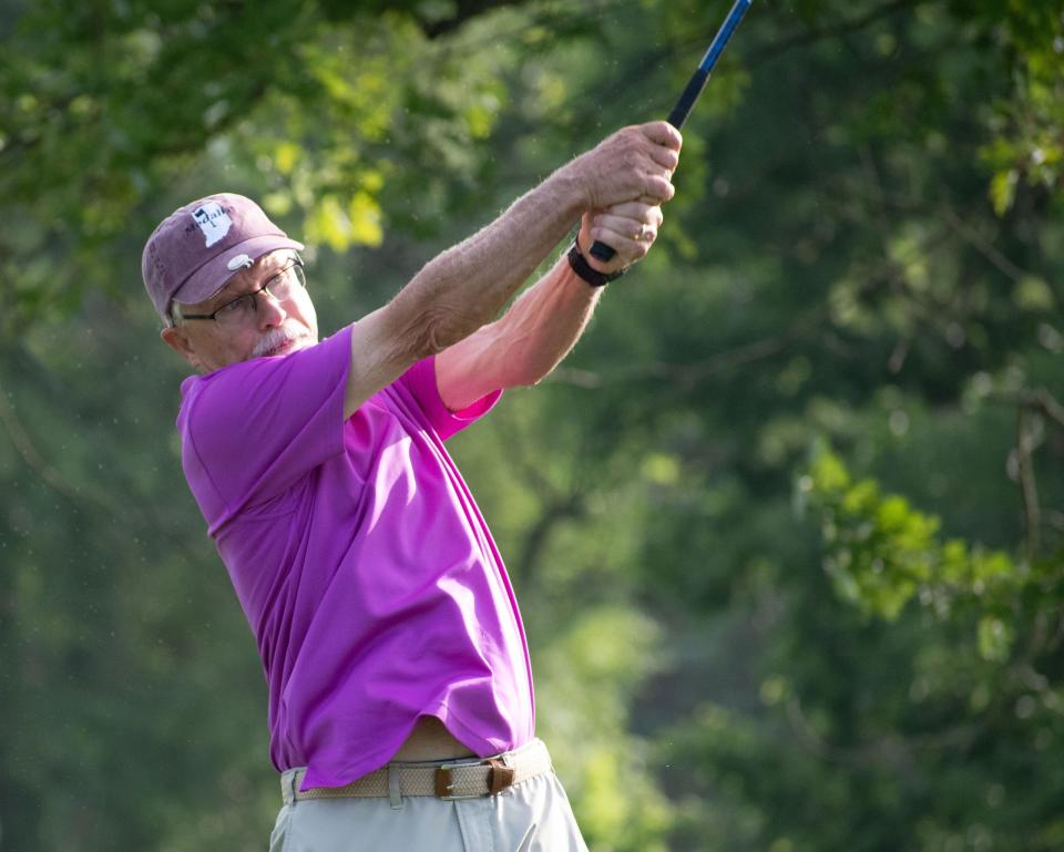 Mark Chestnutwood tees off the second hole at Cascades Golf Course in the Bloomington City Golf Course on July 9, 2023.