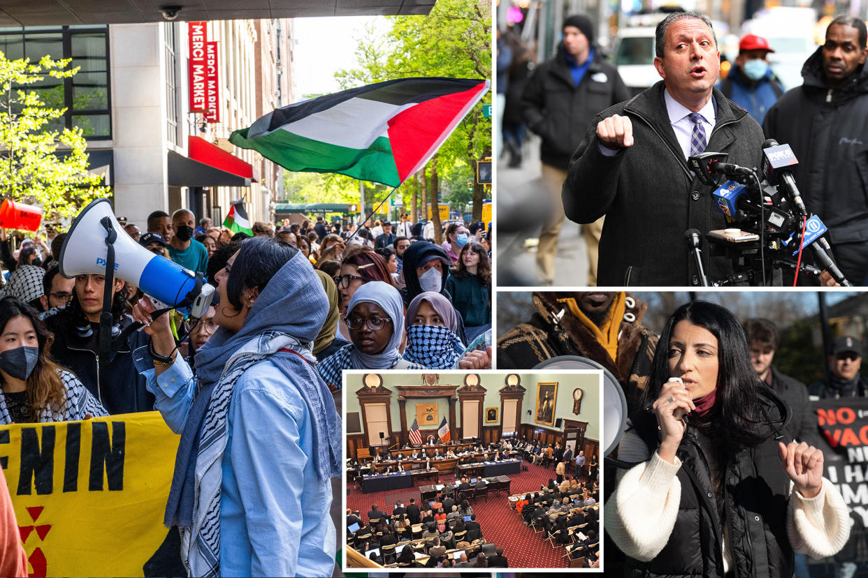 Anti-Israel protesters waving Palestinian flags and marching in a crowd in Manhattan, City Council hearing, Comptroller Brad Lander, Councilwoman Inna Vernikov