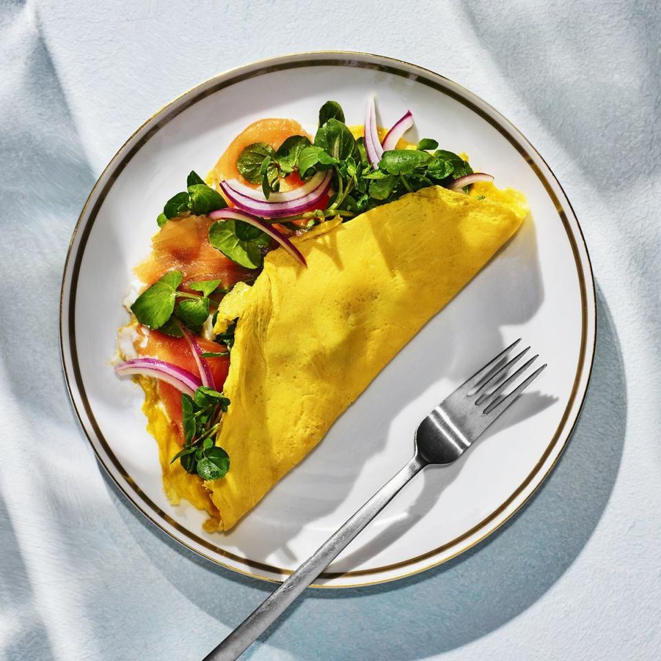 smoked salmon, watercress, and yogurt omelet