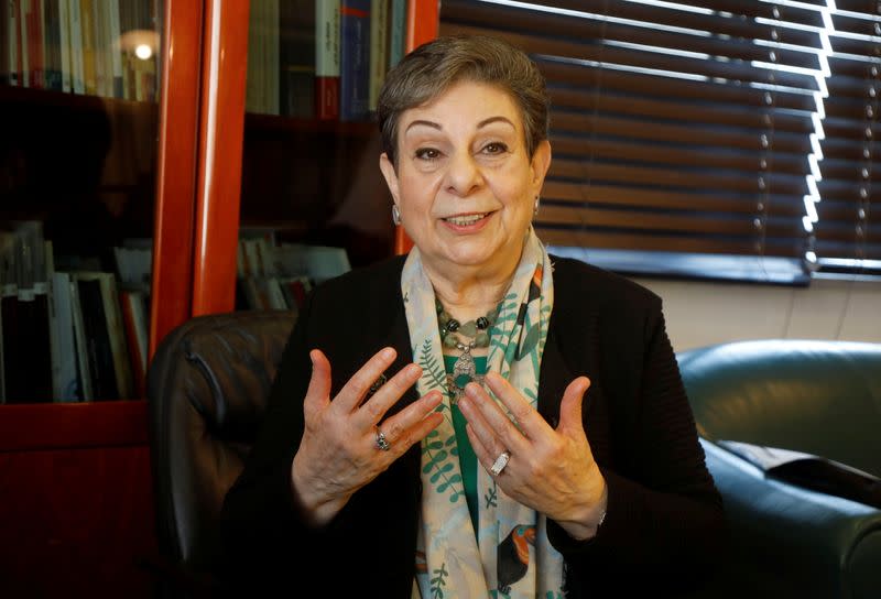 Palestinian politician Hanan Ashrawi gestures during an interview with Reuters, in Ramallah in the Israeli-occupied West Bank