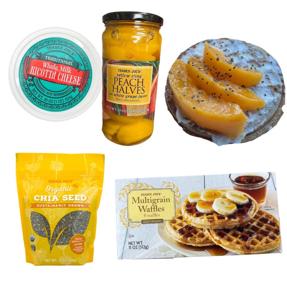 A blue container of ricotta cheese, a jar of sliced peach halves, a cracker with ricotta cheese and sliced peaches with chia seeds, a box of multigrain waffles, and a yellow package of chia seeds