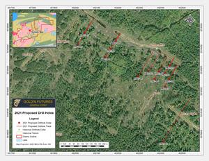 Plan of the central part of the Golden Mile vein and the Lucky Strike vein trenches showing the drill hole collars from the historical drilling and the layout of the 2021 drill program holes. Drilling was started on December 6, 2021 with DDH HR21-01.