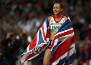 Britain's Jessica Ennis celebrates winning her women's heptathlon 800m heat at the London 2012 Olympic Games at the Olympic Stadium August 4, 2012. Ennis was the overall winner in the heptathlon. REUTERS/Lucy Nicholson (BRITAIN - Tags: SPORT ATHLETICS OLYMPICS TPX IMAGES OF THE DAY)
