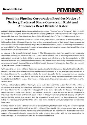 Pembina Pipeline Corporation Provides Notice of Series 5 Preferred Share Conversion Right and Announces Reset Dividend Rates