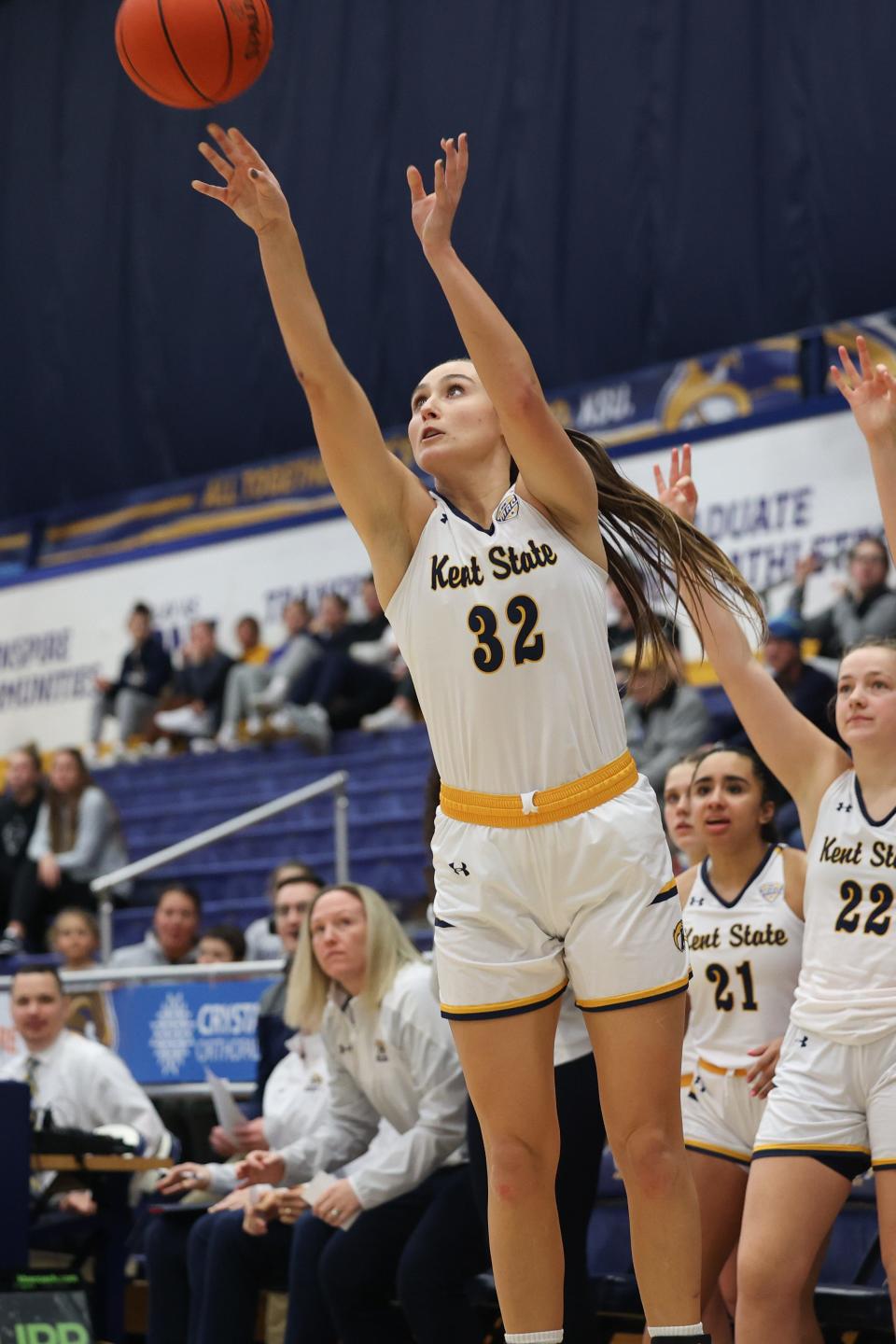 Kent State guard Hannah Young shoots a 3-pointer from the corner during the second half of an NCAA basketball game against the University of Buffalo, Wednesday, Jan. 4, 2022 in Kent, OH.