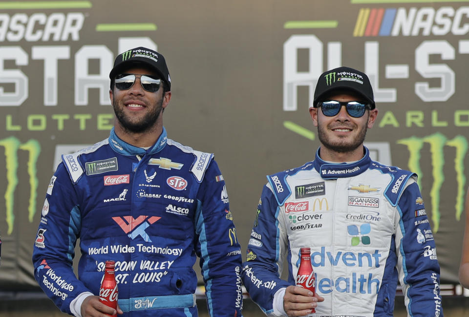 Bubba Wallace (L) and Kyle Larson ahead of the NASCAR All-Star Race in 2019. (Associated Press)